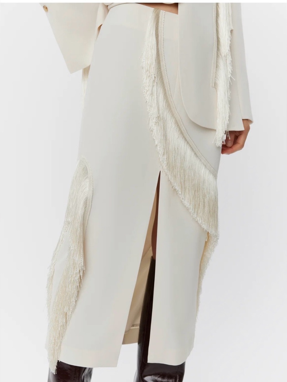 Day Birger et mikkelsen Fringe-Trim Cream Midi Skirt with Front Slit NWT